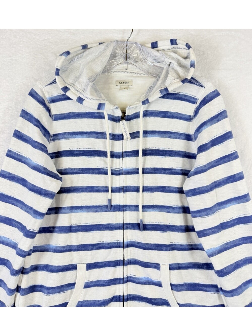 LL Bean Hoodie Women Small Nautical Blue Striped 100% Cotton Sweatshirt Full Zip